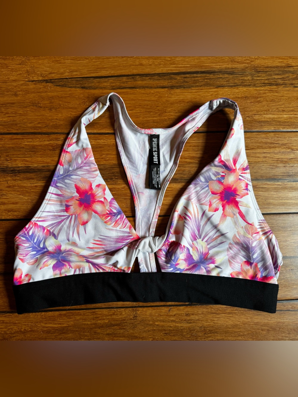 PINK Victoria's Secret White Floral Racerback Sports Bra with Black Band